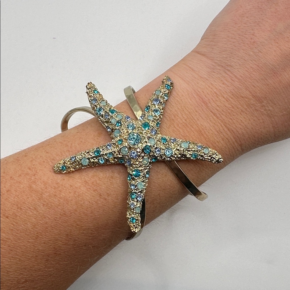 Lot of 2 Starfish Bracelets - Cuff, Gold Tone & Silvertone, Gemstones Green Blue - Picture 2 of 7
